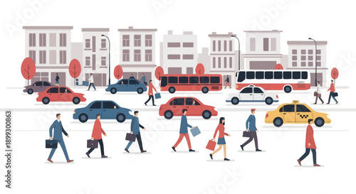 City street scene with cars, buses, and pedestrians crossing