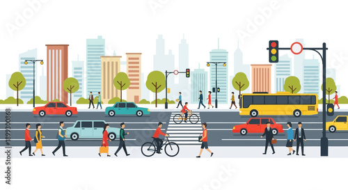 City street scene with diverse people, cars, and public transport, illustrating urban life.