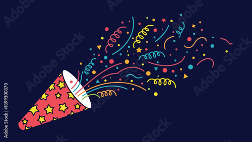 Festive party popper explodes with a burst of colorful confetti, stars, and streamers against a dark blue background to celebrate an event.