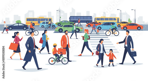 Diverse people crossing busy city street with cars and buses