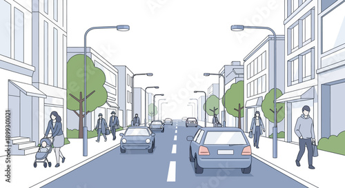 City street scene with cars, pedestrians, buildings, trees, and streetlights