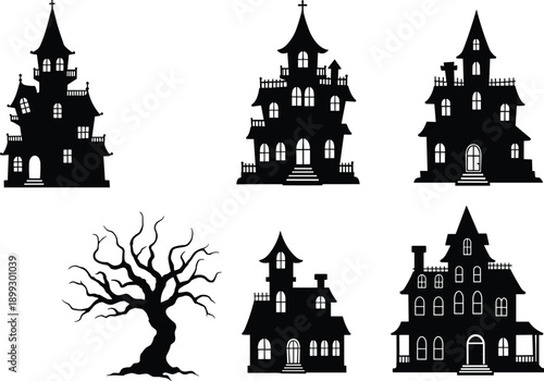 Haunted house silhouettes, spooky tree, Halloween icons, horror theme, eerie architecture, creepy mansion shapes, black vector set, scary night graphics