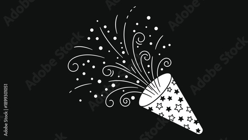 Artistic white party popper illustration on a black background features a burst of stars, dots, and elegant curved lines for celebration.
