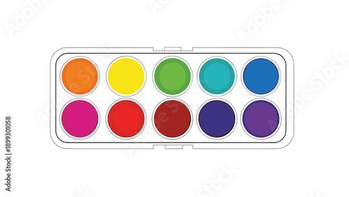 Colorful watercolor paint set in a white plastic tray features ten vibrant circular pigments arranged in two rows for artistic creation.