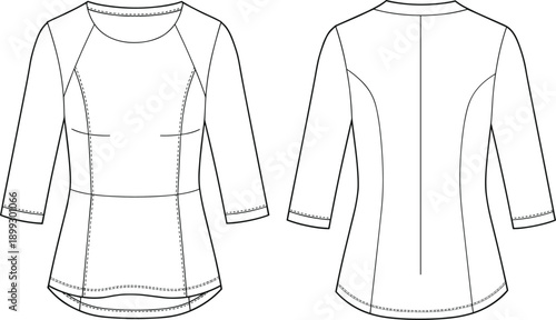 Women’s top technical sketch, fashion CAD, front and back view, princess seams, round neckline, three-quarter sleeve, curved hem, garment design