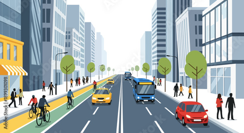 Urban Cityscape with Traffic, Cyclists, and Pedestrians on Sidewalk