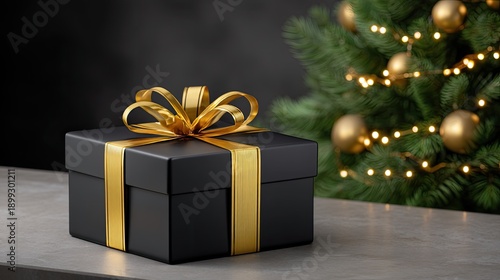 Elegant Black Gift Box with Golden Ribbon Placed on Table Near Christmas Tree with Golden Ornaments and Lights for Festive Celebrations and Holiday Spirit