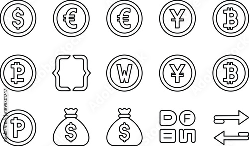 Set of currency icons including dollar euro yen bitcoin peso won money bags arrows