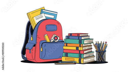 Large red backpack filled with books and stationery sits next to a tall stack of textbooks and a cup full of pencils for school.