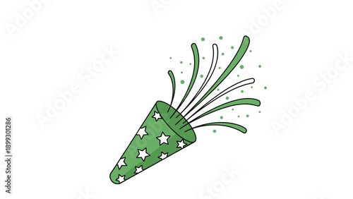 Green party popper with white stars bursts with matching green streamers and dots, symbolizing a festive celebration or victory.
