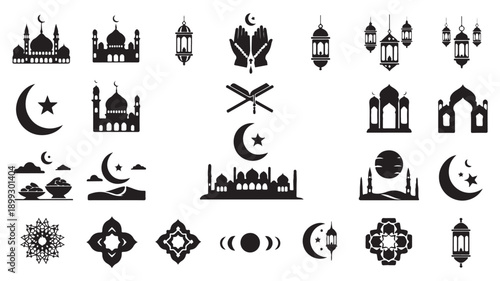 Collection of islamic symbols and elements representing ramadan and muslim culture in simple black silhouettes on white background