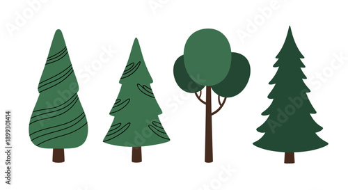 A collection of four stylized green trees, including two conical evergreen trees and two deciduous trees with rounded canopies, set against a white background.