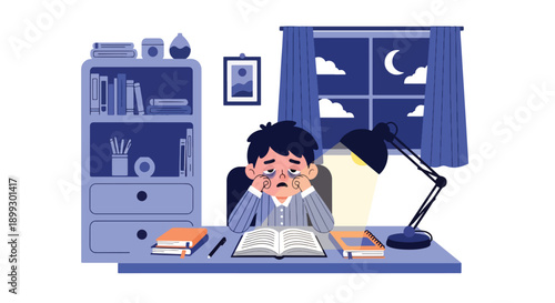 Young boy rubbing eyes while studying late at home with desk lamp and books, showing homework overload, sleep deprivation, and academic stress in flat vector illustration