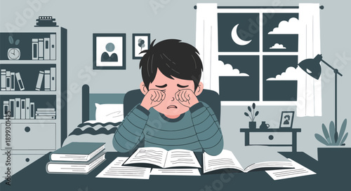 Young boy rubbing eyes while studying late at home with desk lamp and books, showing homework overload, sleep deprivation, and academic stress in flat vector illustration