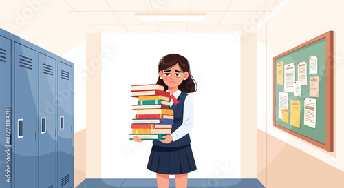 Stressed schoolgirl holding heavy stack of textbooks in school hallway, showing exam pressure, academic workload, and student burnout in modern flat vector style