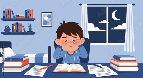 Young boy rubbing eyes while studying late at home with desk lamp and books, showing homework overload, sleep deprivation, and academic stress in flat vector illustration