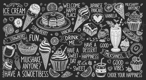 A chalk-style illustration featuring a variety of sweet treats like ice cream, pancakes, cupcakes, and milkshakes, with inspirational quotes about happiness and desserts.