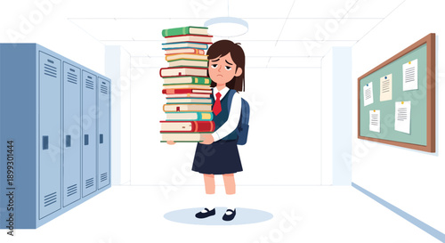 Stressed schoolgirl holding heavy stack of textbooks in school hallway, showing exam pressure, academic workload, and student burnout in modern flat vector style