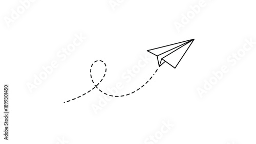Minimalist paper airplane icon flies through space with a looping dotted trail, symbolizing travel, freedom, and ideas on white.