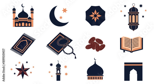 Islamic themed icons including mosques, prayer mats, and crescent moons in various designs for Ramadan or Eid celebrations worldwide.