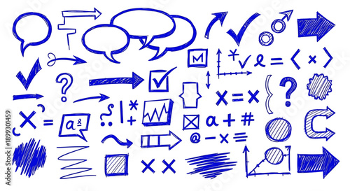 A collection of hand-drawn blue ink symbols, including speech bubbles, arrows, mathematical equations, graphs, and checkmarks.