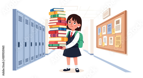 Stressed schoolgirl holding heavy stack of textbooks in school hallway, showing exam pressure, academic workload, and student burnout in modern flat vector style