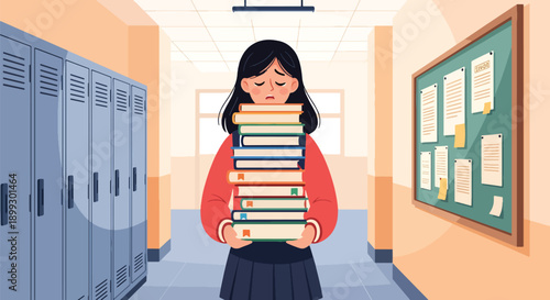 Stressed schoolgirl holding heavy stack of textbooks in school hallway, showing exam pressure, academic workload, and student burnout in modern flat vector style