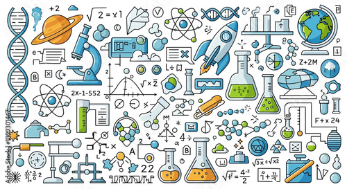 A vibrant collection of science-themed illustrations, featuring DNA, planets, rockets, microscopes, and chemical formulas, representing various scientific disciplines.