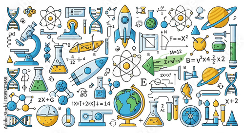 A vibrant collection of science and technology icons, including rockets, microscopes, DNA strands, planets, and mathematical formulas, illustrating various scientific concepts.