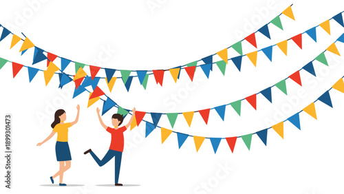 Two people celebrate and dance joyfully under several rows of colorful triangular party bunting against a plain white background.