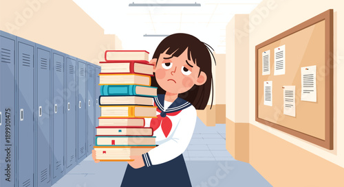 Stressed schoolgirl holding heavy stack of textbooks in school hallway, showing exam pressure, academic workload, and student burnout in modern flat vector style