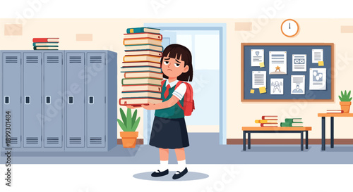 Stressed schoolgirl holding heavy stack of textbooks in school hallway, showing exam pressure, academic workload, and student burnout in modern flat vector style