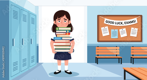Stressed schoolgirl holding heavy stack of textbooks in school hallway, showing exam pressure, academic workload, and student burnout in modern flat vector style