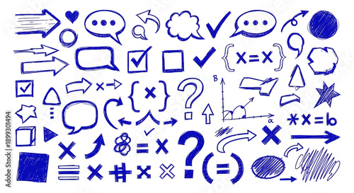 A collection of hand-drawn blue icons and symbols, including arrows, speech bubbles, mathematical equations, and question marks, on a white background.
