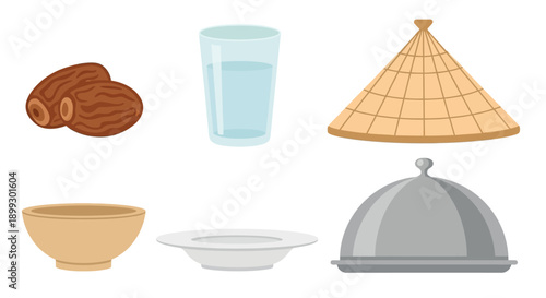 Collection of various kitchen utensils and ingredients including bowls plates and a glass of water together displayed