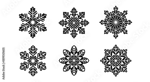 Six intricate black and white snowflake designs, each with unique symmetrical patterns and detailed crystalline structures.