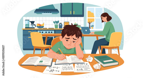 Young student struggling with homework at kitchen table while parents work nearby, showing family learning pressure, academic stress, and study fatigue in flat vector style