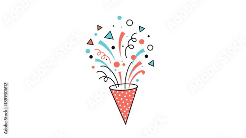 Red and white polka dot party popper bursts with colorful streamers and confetti, celebrating a joyful moment on a white background.