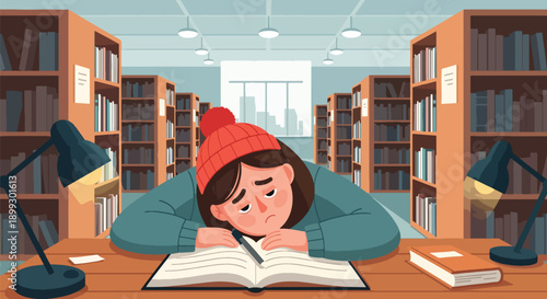 Sleepy student resting head on notebook in quiet library with bookshelves, showing study overload, academic fatigue, and learning burnout in modern flat vector style