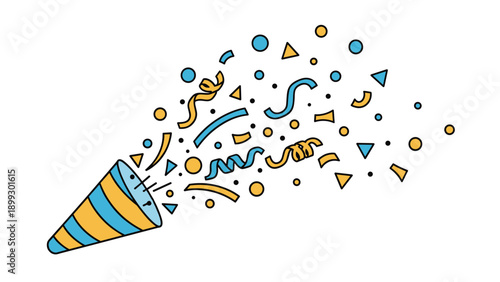 Yellow and blue striped party popper explodes with a variety of colorful geometric shapes and streamers for a festive event.