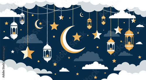 Beautiful islamic ramadan kareem greeting card with crescent moon stars and lanterns hanging from clouds in night sky.