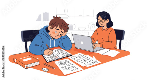 Young student struggling with homework at kitchen table while parents work nearby, showing family learning pressure, academic stress, and study fatigue in flat vector style