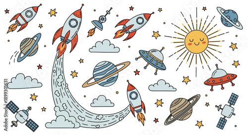 A whimsical collection of cartoon-style space elements including rockets, planets, UFOs, and a smiling sun.