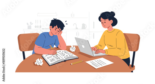 Young student struggling with homework at kitchen table while parents work nearby, showing family learning pressure, academic stress, and study fatigue in flat vector style