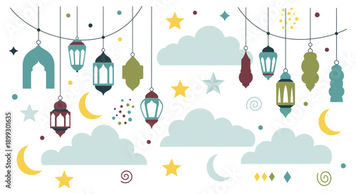 Beautiful festive illustration of ramadan kareem lanterns and ornaments hanging from strings surrounded by clouds and stars