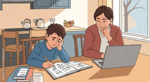 Young student struggling with homework at kitchen table while parents work nearby, showing family learning pressure, academic stress, and study fatigue in flat vector style