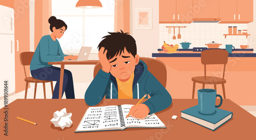 Young student struggling with homework at kitchen table while parents work nearby, showing family learning pressure, academic stress, and study fatigue in flat vector style