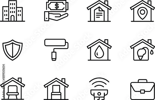 Real estate outline icon set featuring residential buildings payment methods and home security