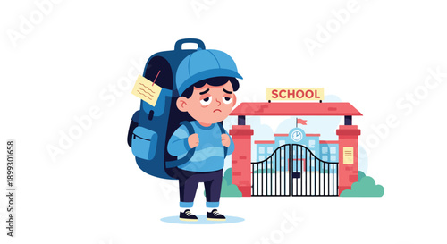 Child carrying overloaded backpack at school entrance, showing heavy academic workload, physical strain, and student burnout in modern flat vector illustration