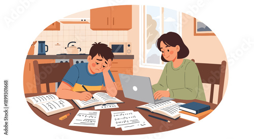 Young student struggling with homework at kitchen table while parents work nearby, showing family learning pressure, academic stress, and study fatigue in flat vector style